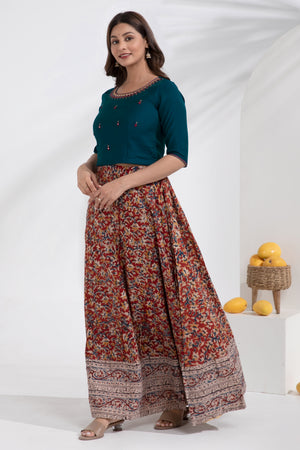 Blue Embroidered Crop Top with Kalamkari Printed Skirtset