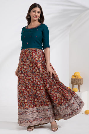 Blue Embroidered Crop Top with Kalamkari Printed Skirtset
