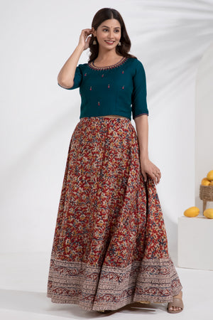 Blue Embroidered Crop Top with Kalamkari Printed Skirtset