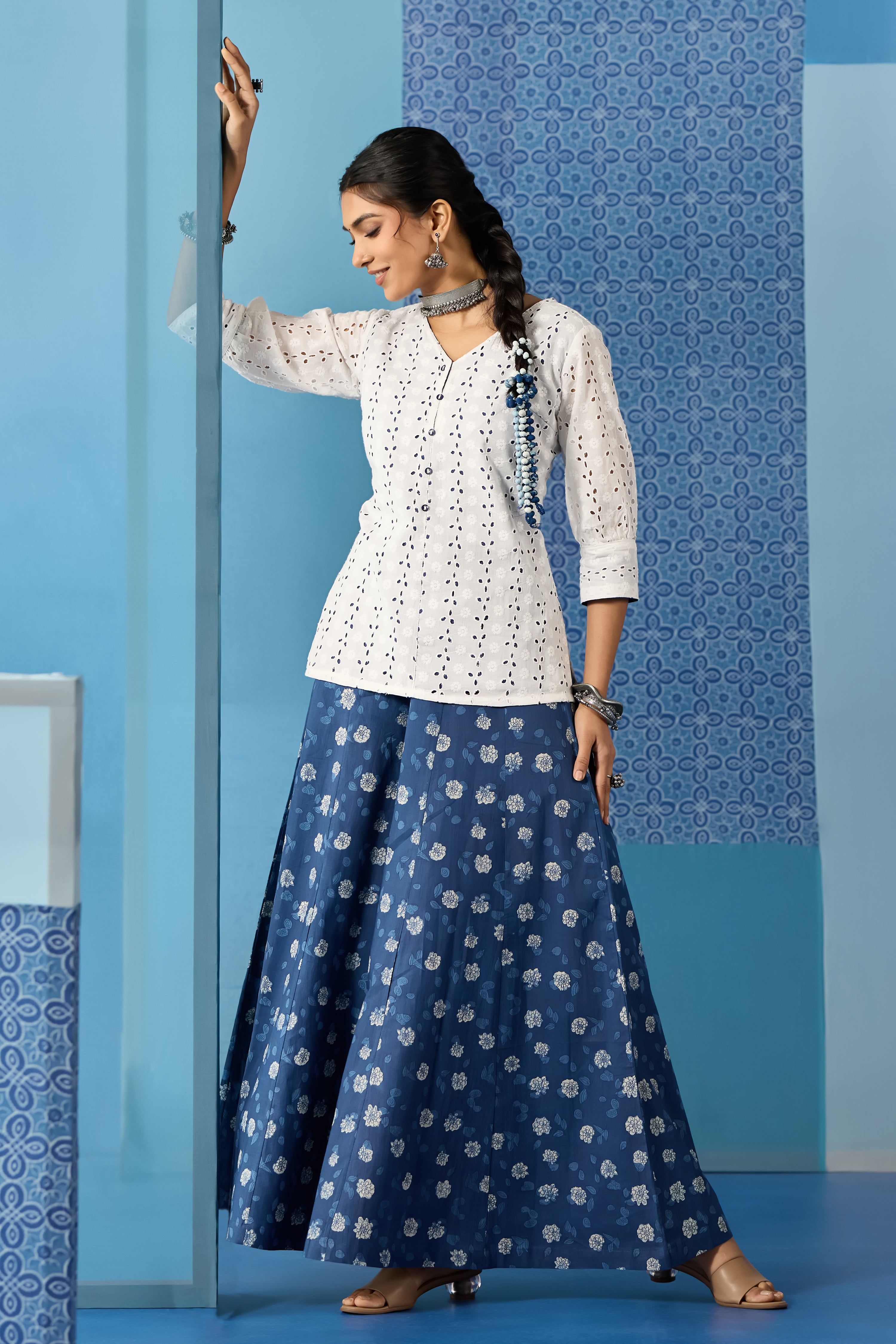 WHITE HAKOBA TUNIC WITH CORSET TIE-UP & INDIGO PRINTED DIVIDED SKIRT SET