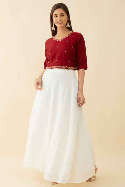 Floral Motif Embroidered Crop Top Sequin Embellished Skirt Set Red White