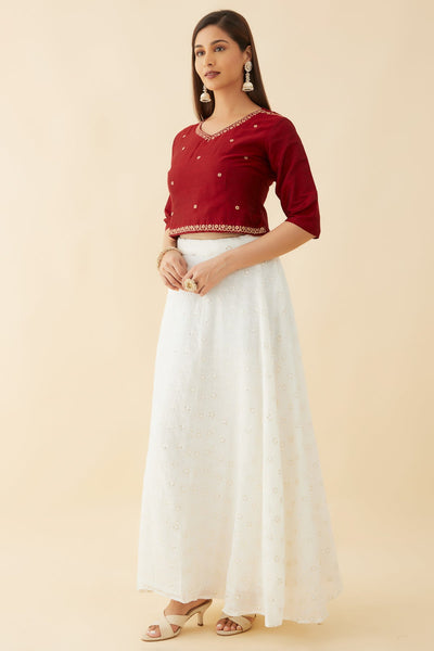 Floral Motif Embroidered Crop Top Sequin Embellished Skirt Set Red White