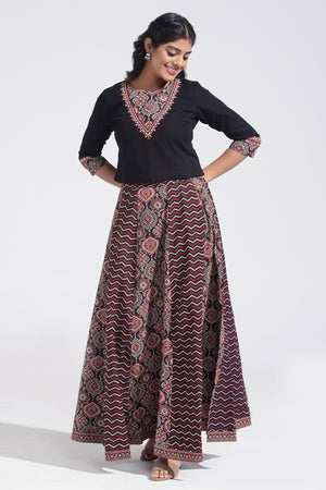 Black Floral Printed & Embroidered Skirtset