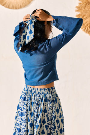 Indigo Blue Printed SKirtset with Full Sleeve Shirt