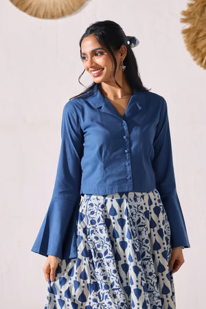 Indigo Blue Printed SKirtset with Full Sleeve Shirt