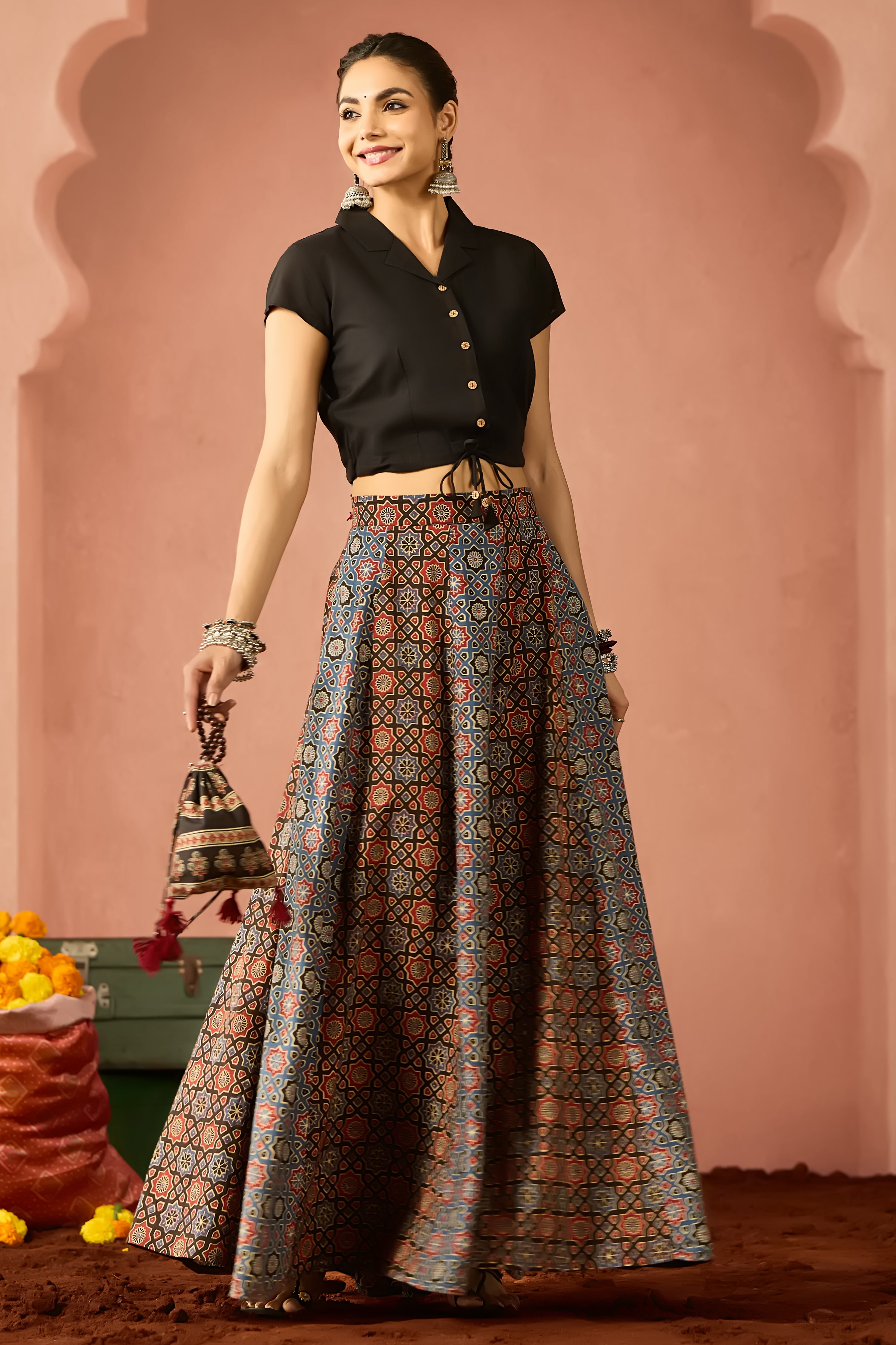 BLACK CROP SHIRT WITH RED AJRAKH CIRCULAR SKIRT SET