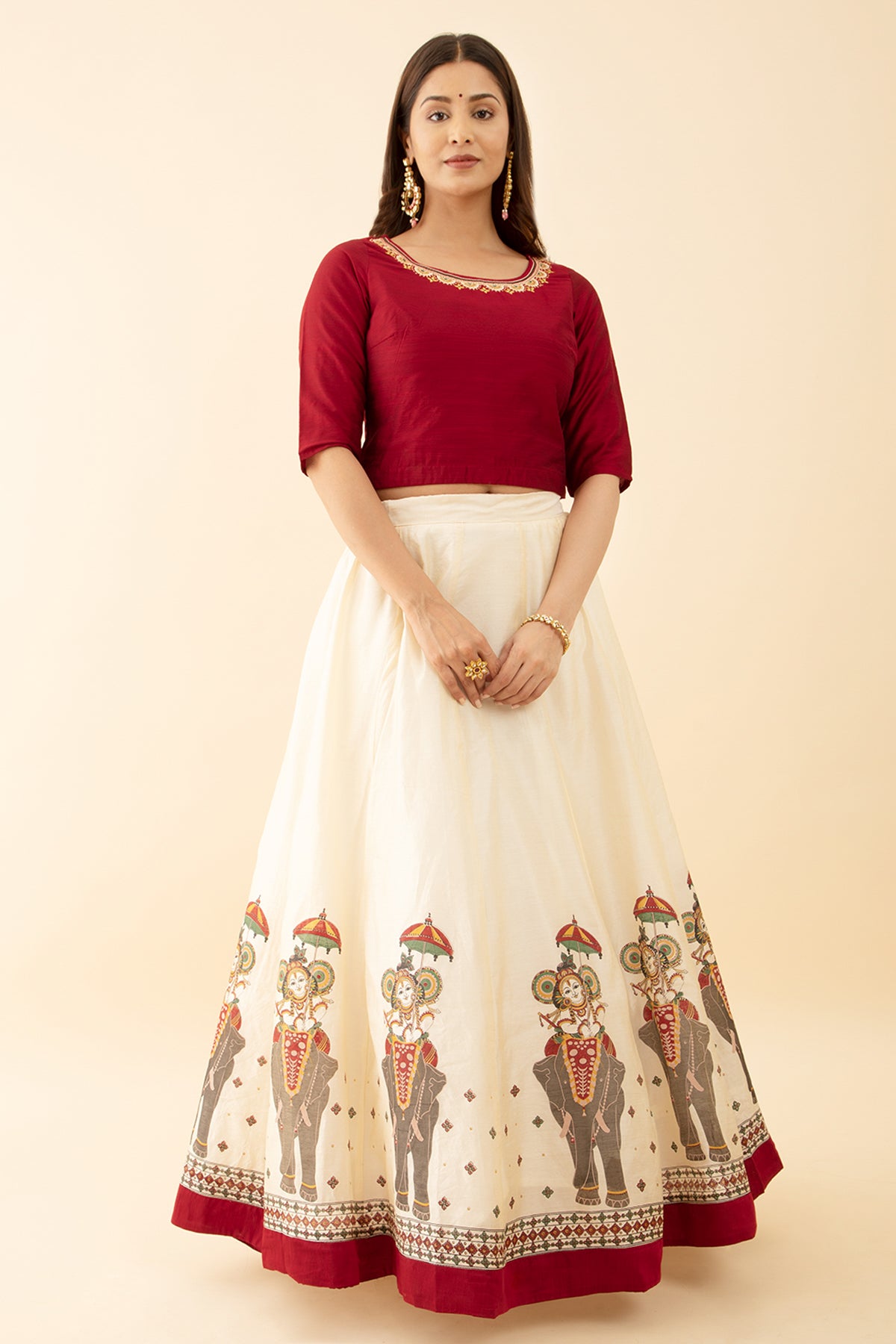 Buy Krishna Mural Floral Printed Maroon Off White Skirt set  