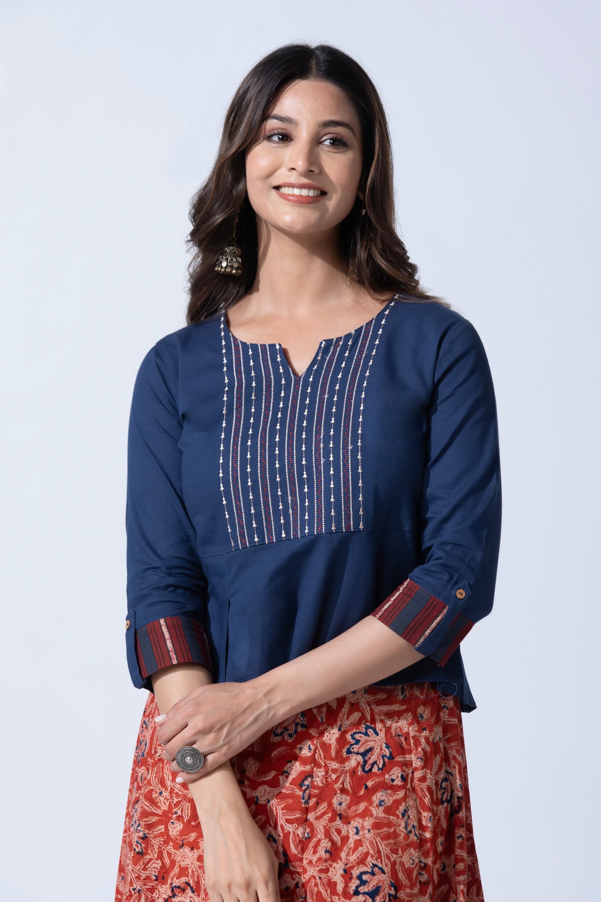Blue Embroidered Top with Kalamkari Cotton Panellled Skirt