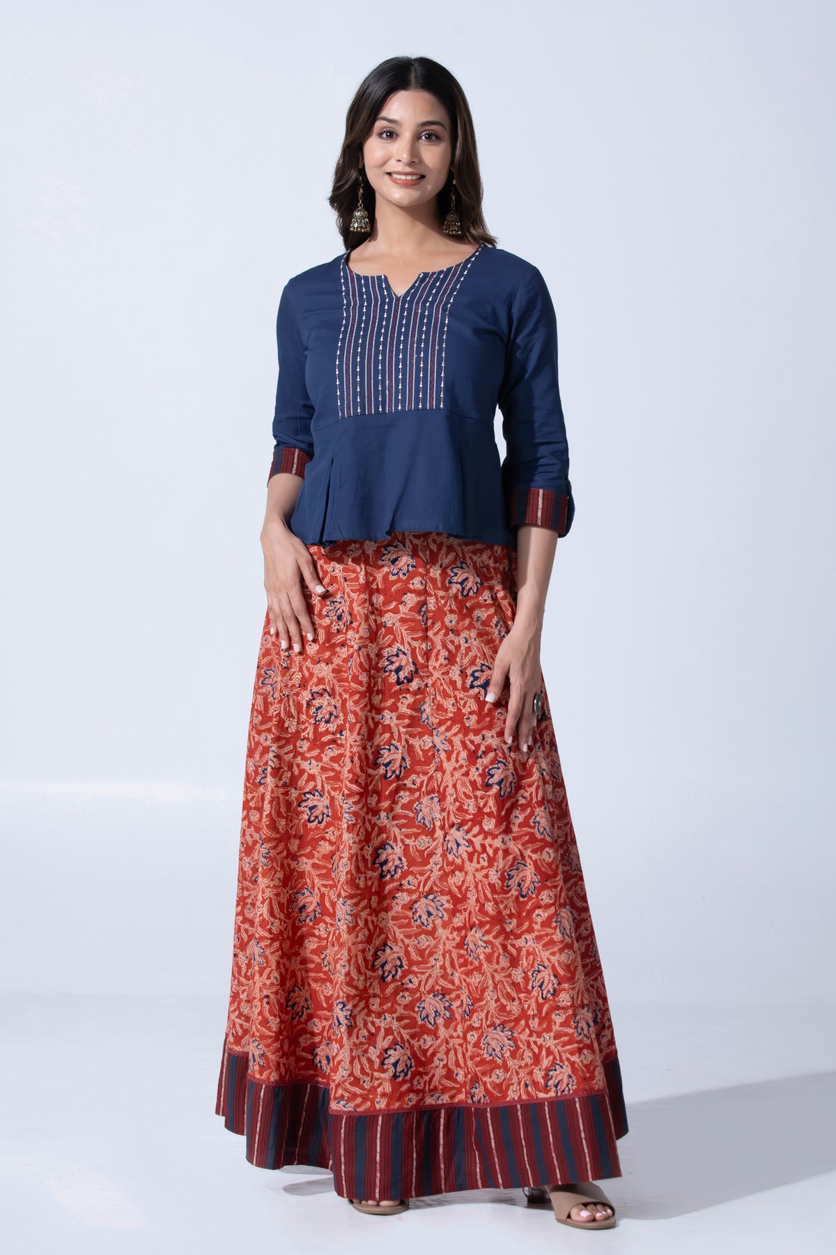 Blue Embroidered Top with Kalamkari Cotton Panellled Skirt