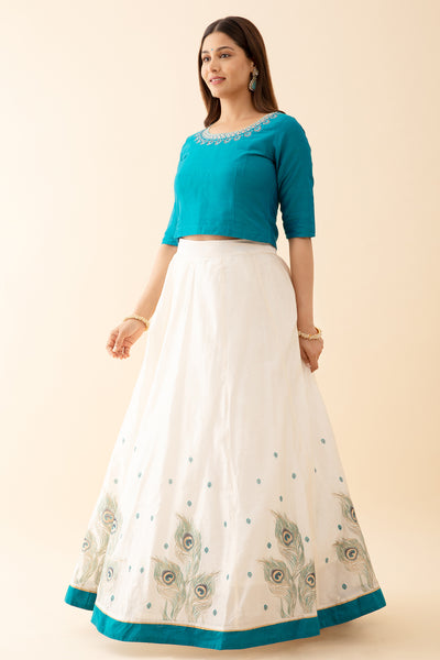 Mayilpeeli Printed Skirtset with Embroidered Top Turquise Off White