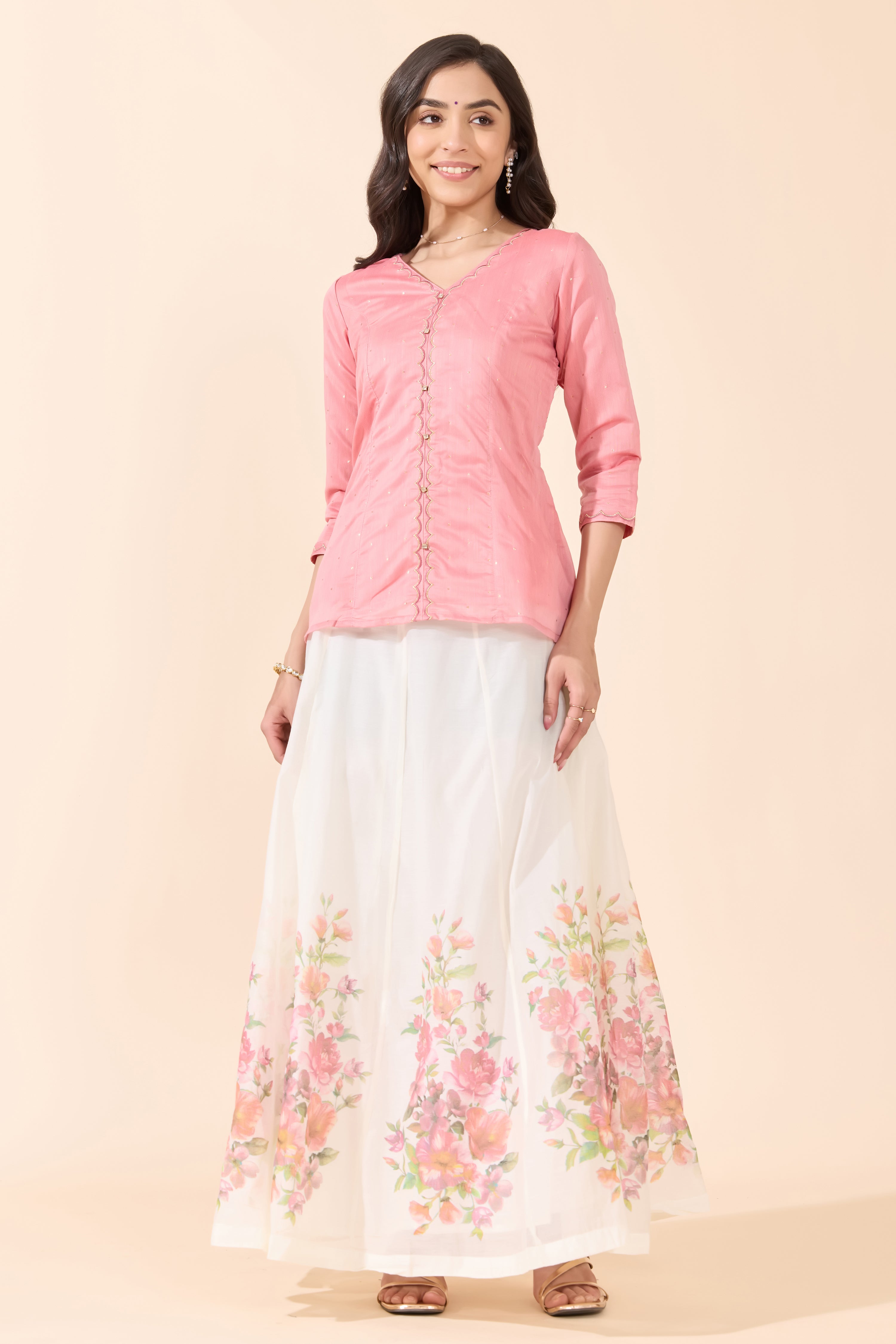 PEACH CHANDERI TUNIC & OFF - WHITE FLORAL CIRCULAR SKIRT SET
