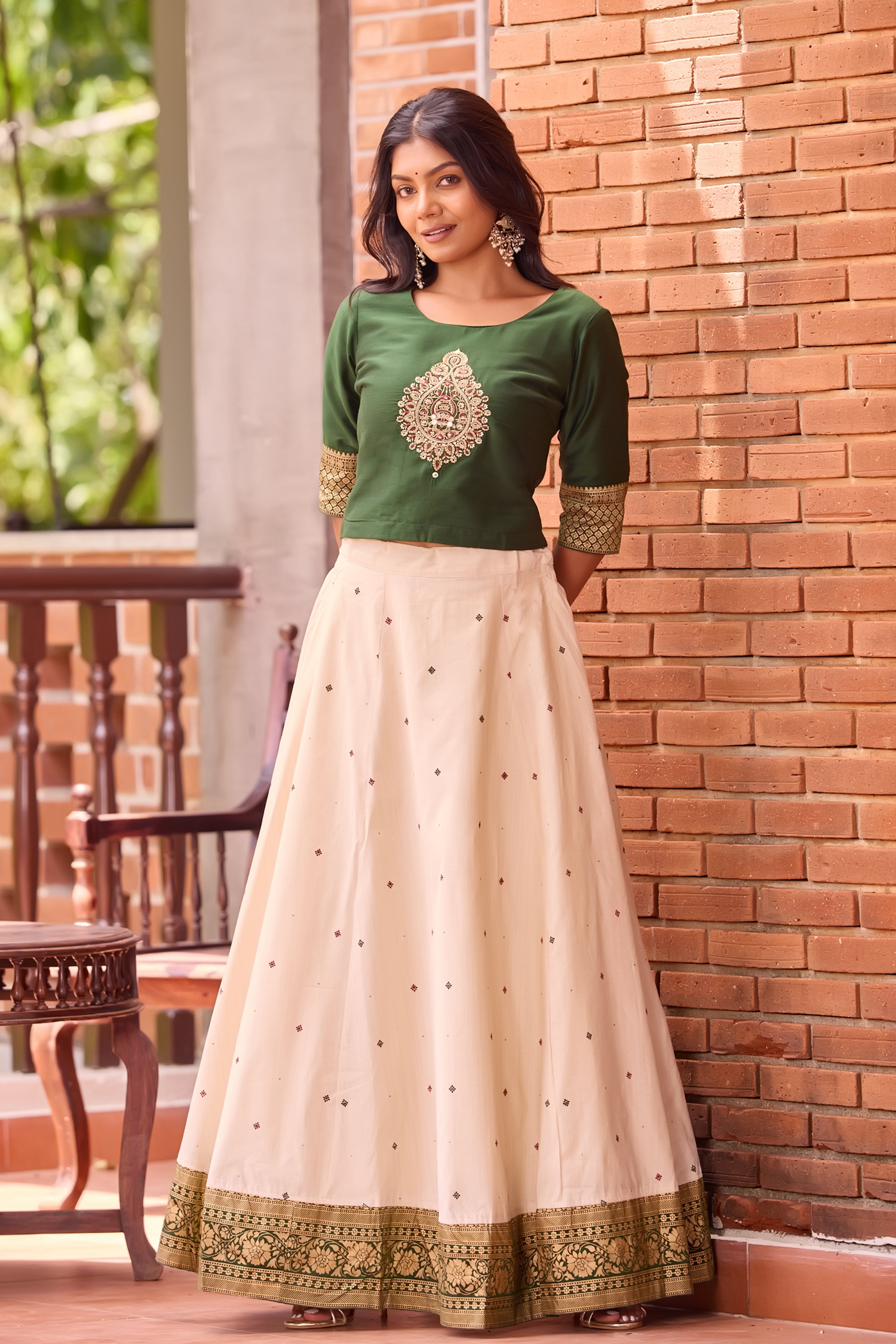 Bottle Green Kathakali Crop Top with Off-White Panel Skirt