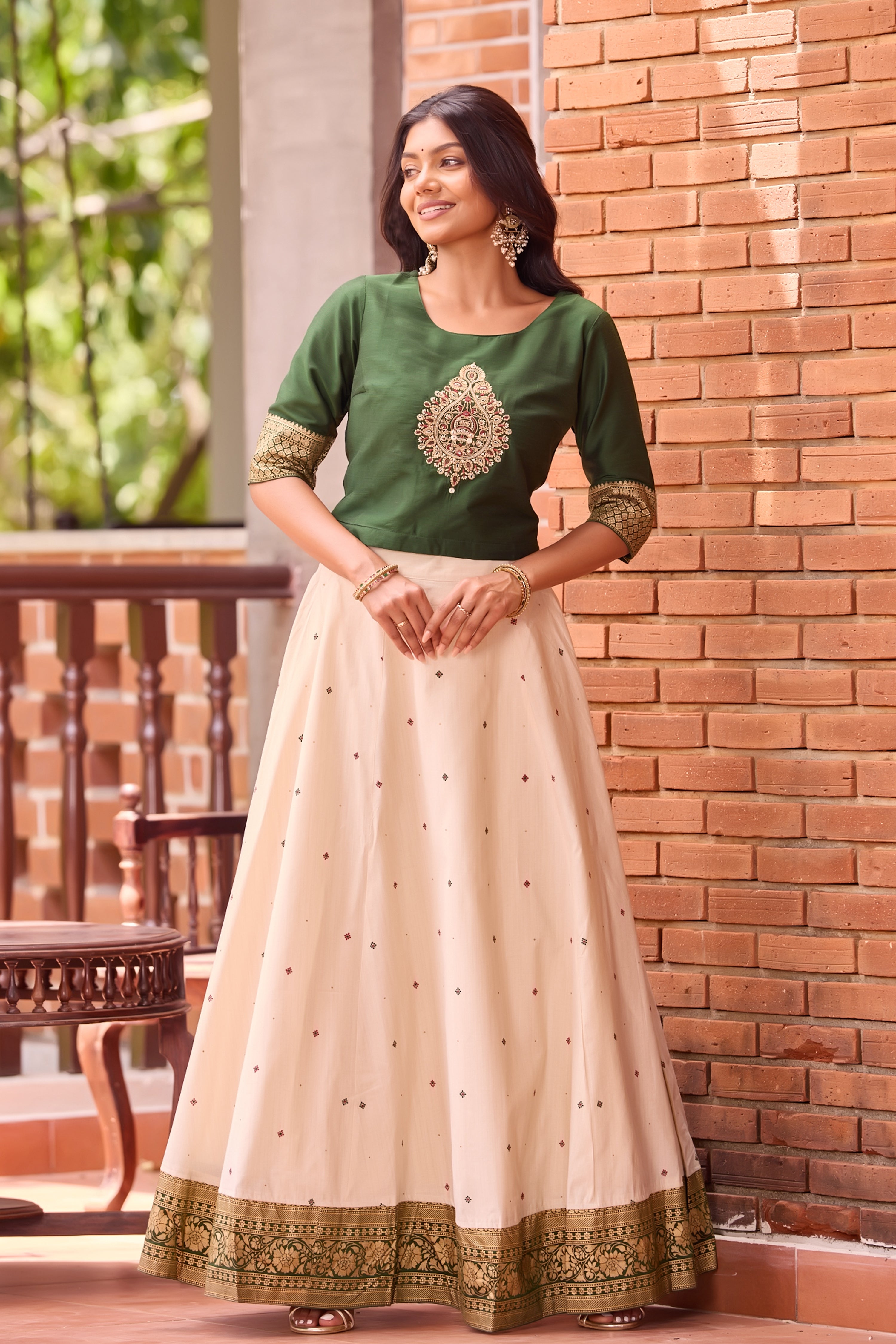 Bottle Green Kathakali Crop Top with Off-White Panel Skirt