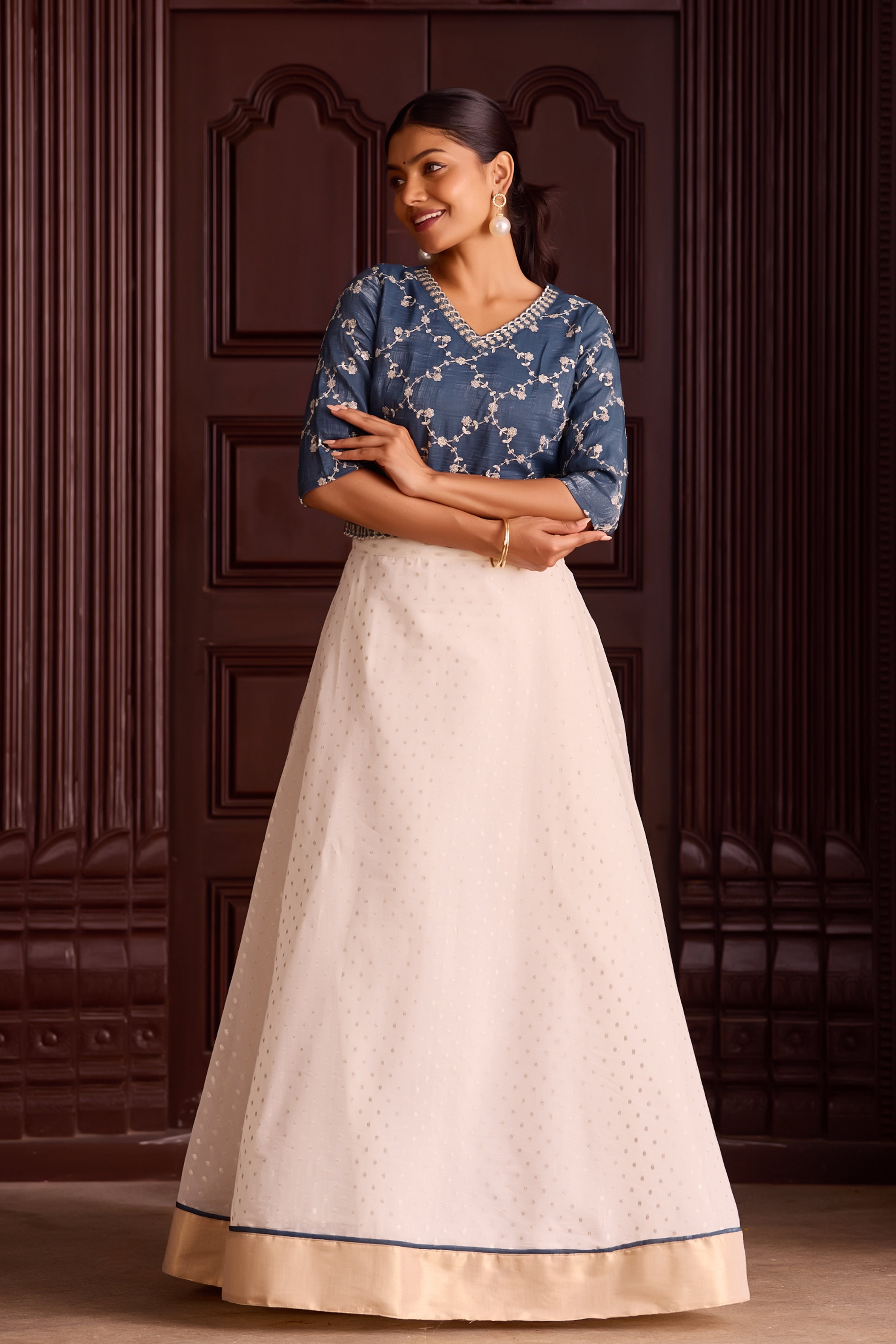 Teal Blue Sequin Tissue Crop Top Off-White Brocade Skirt Set