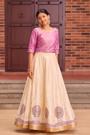 Lavender & Gold Crop Top with Off-White Printed Panelled Skirt Set