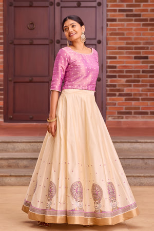 Lavender & Gold Crop Top with Off-White Printed Panelled Skirt Set