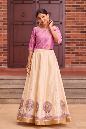 Lavender & Gold Crop Top with Off-White Printed Panelled Skirt Set