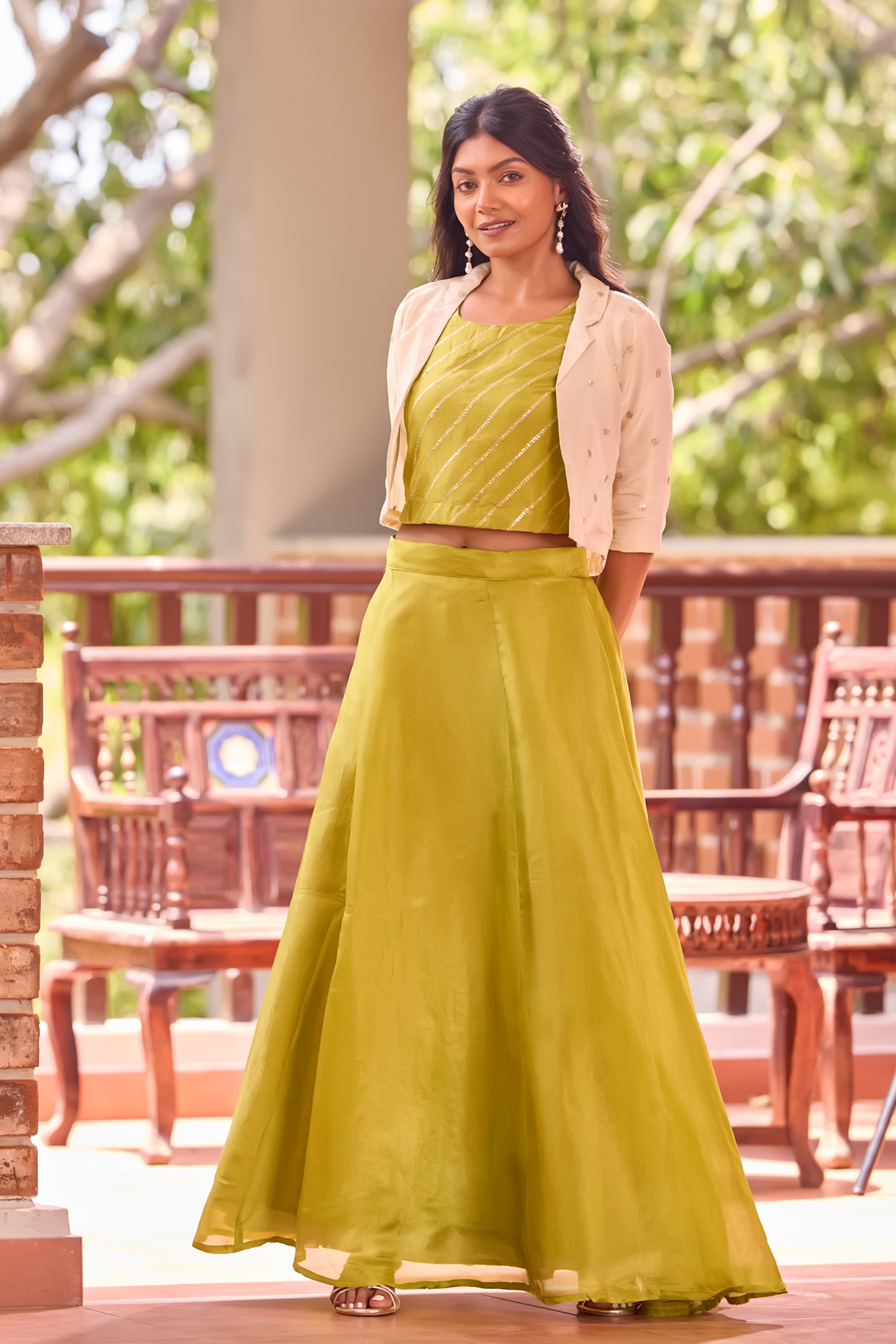 Green Embroidered Crop Top with Off-White Outer Kasavu Skirt Set