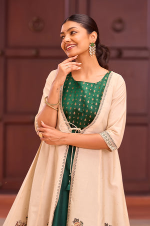 Bottle Green Brocade Crop Top with Solid Skirt Set & Mural Printed Coat