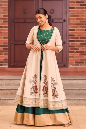 Bottle Green Brocade Crop Top with Solid Skirt Set & Mural Printed Coat