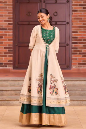 Bottle Green Brocade Crop Top with Solid Skirt Set & Mural Printed Coat