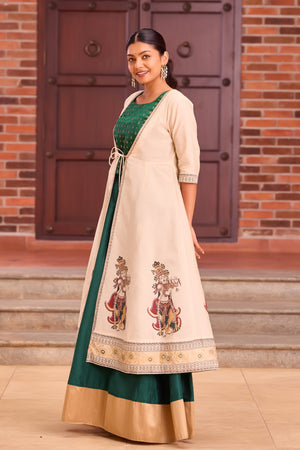 Bottle Green Brocade Crop Top with Solid Skirt Set & Mural Printed Coat