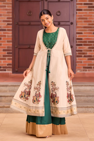 Bottle Green Brocade Crop Top with Solid Skirt Set & Mural Printed Coat