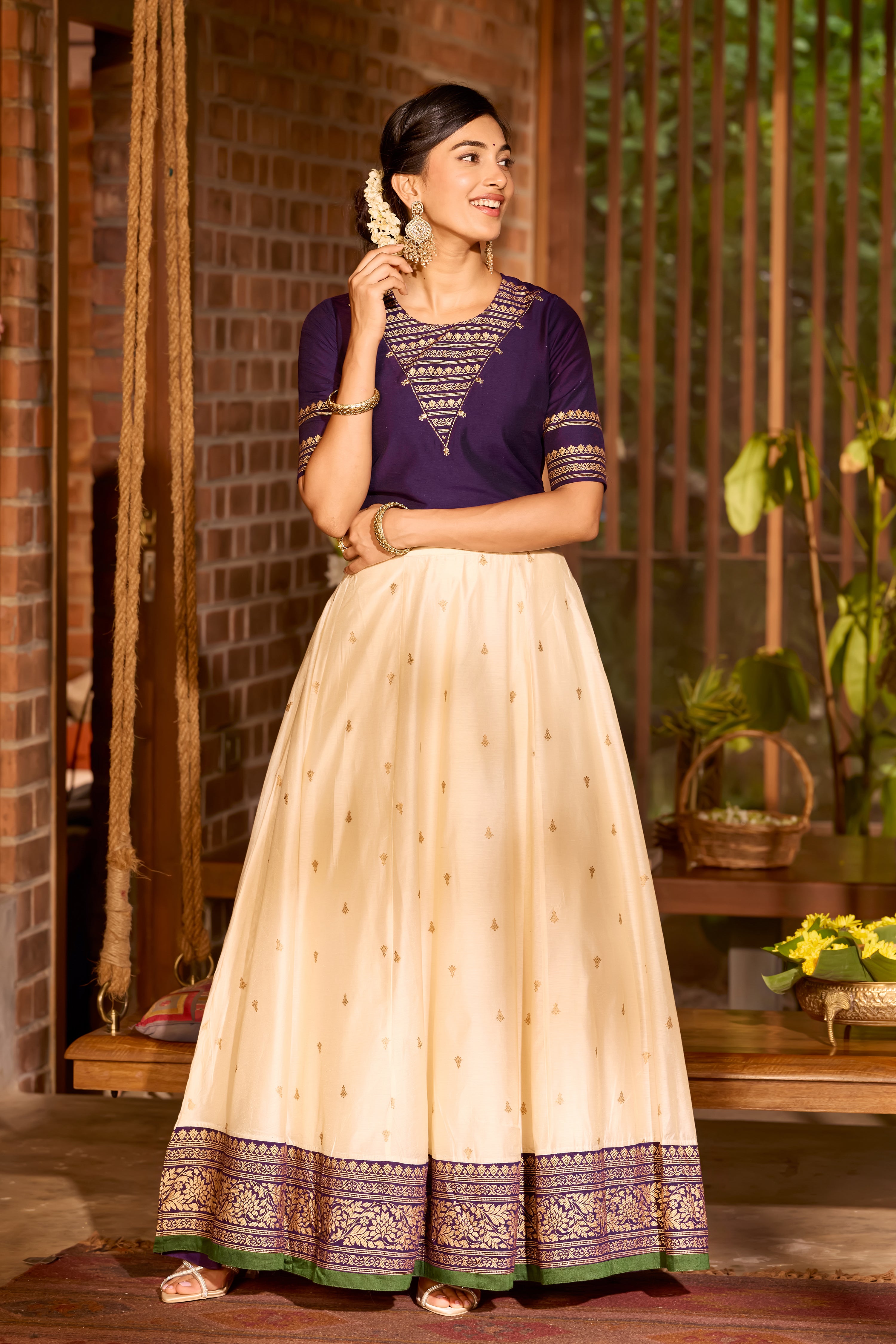 Dark Purple Printed Crop Top with Foil Mirror & Off-White Floral Skirt Set