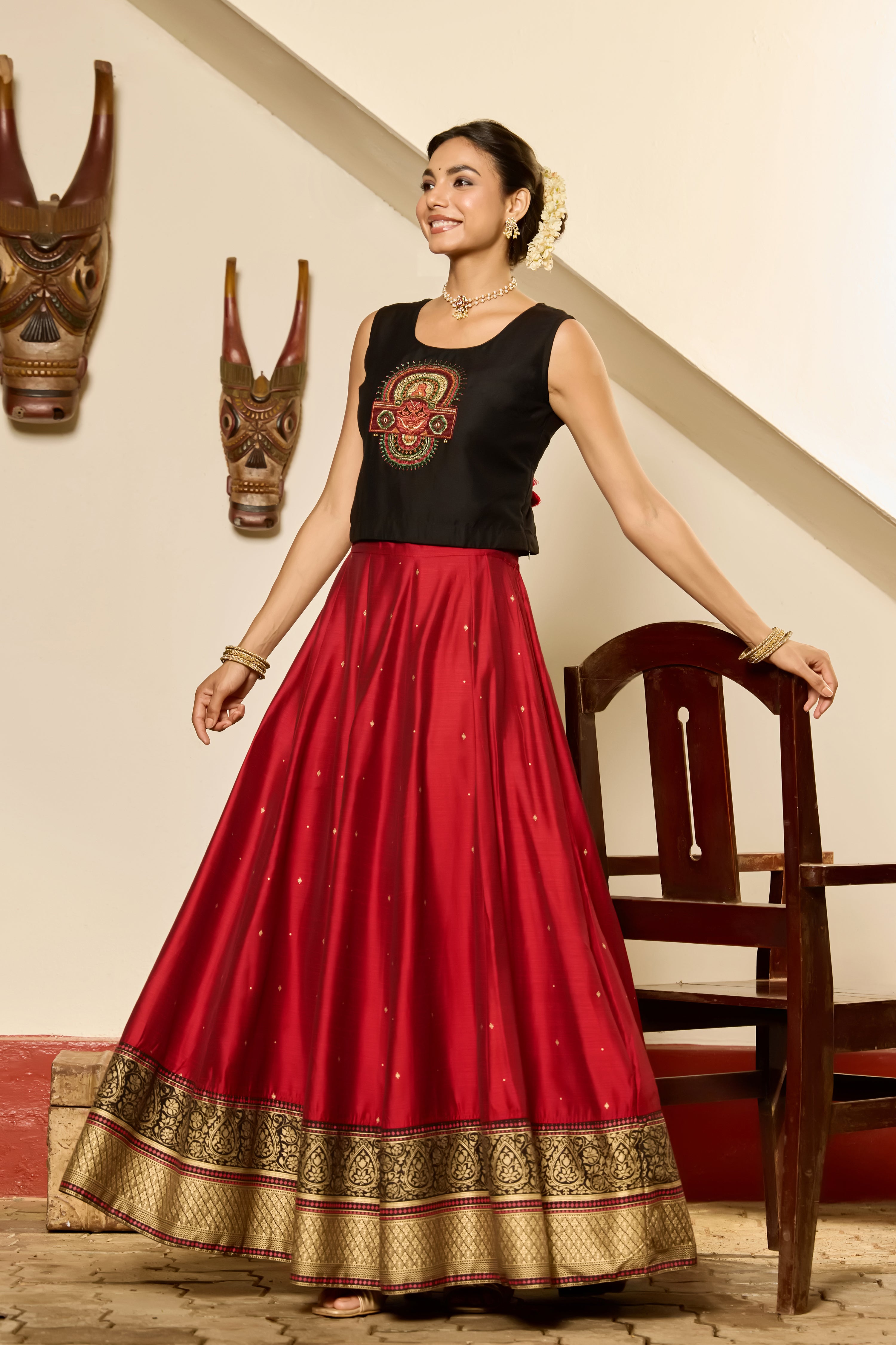Black Theyyam Embroidered Crop Top & panelled Skirt Set