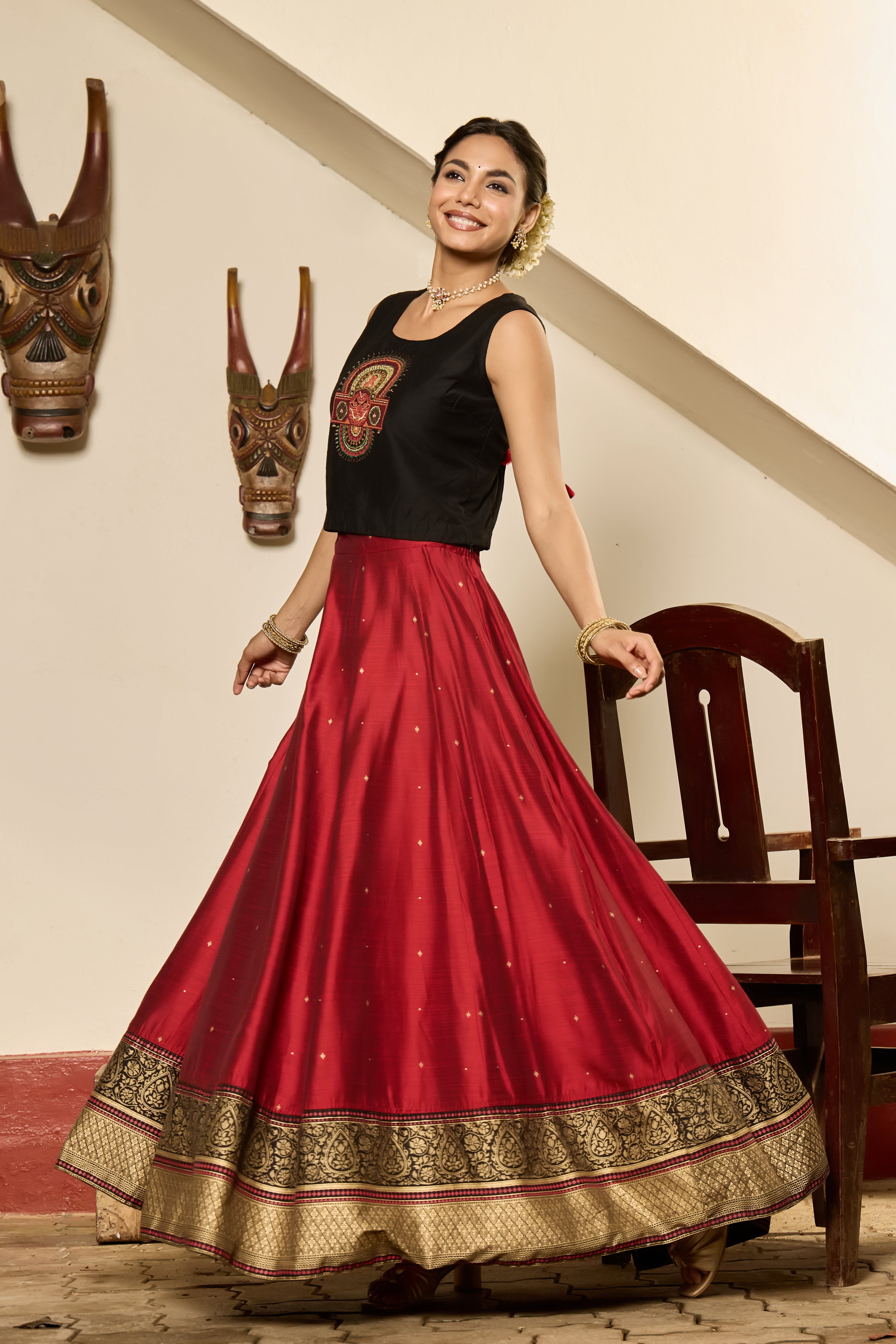Black Theyyam Embroidered Crop Top & panelled Skirt Set