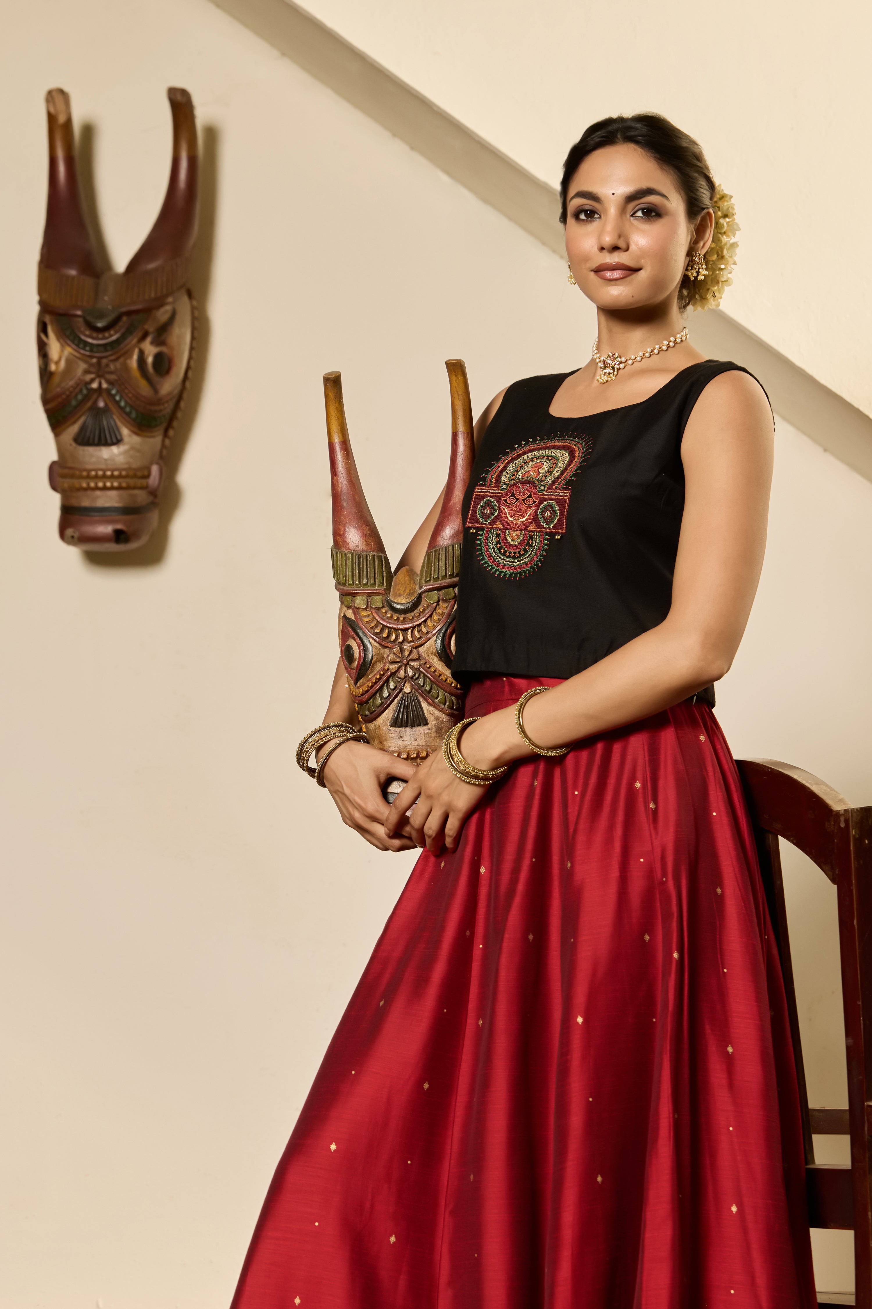 Black Theyyam Embroidered Crop Top & panelled Skirt Set