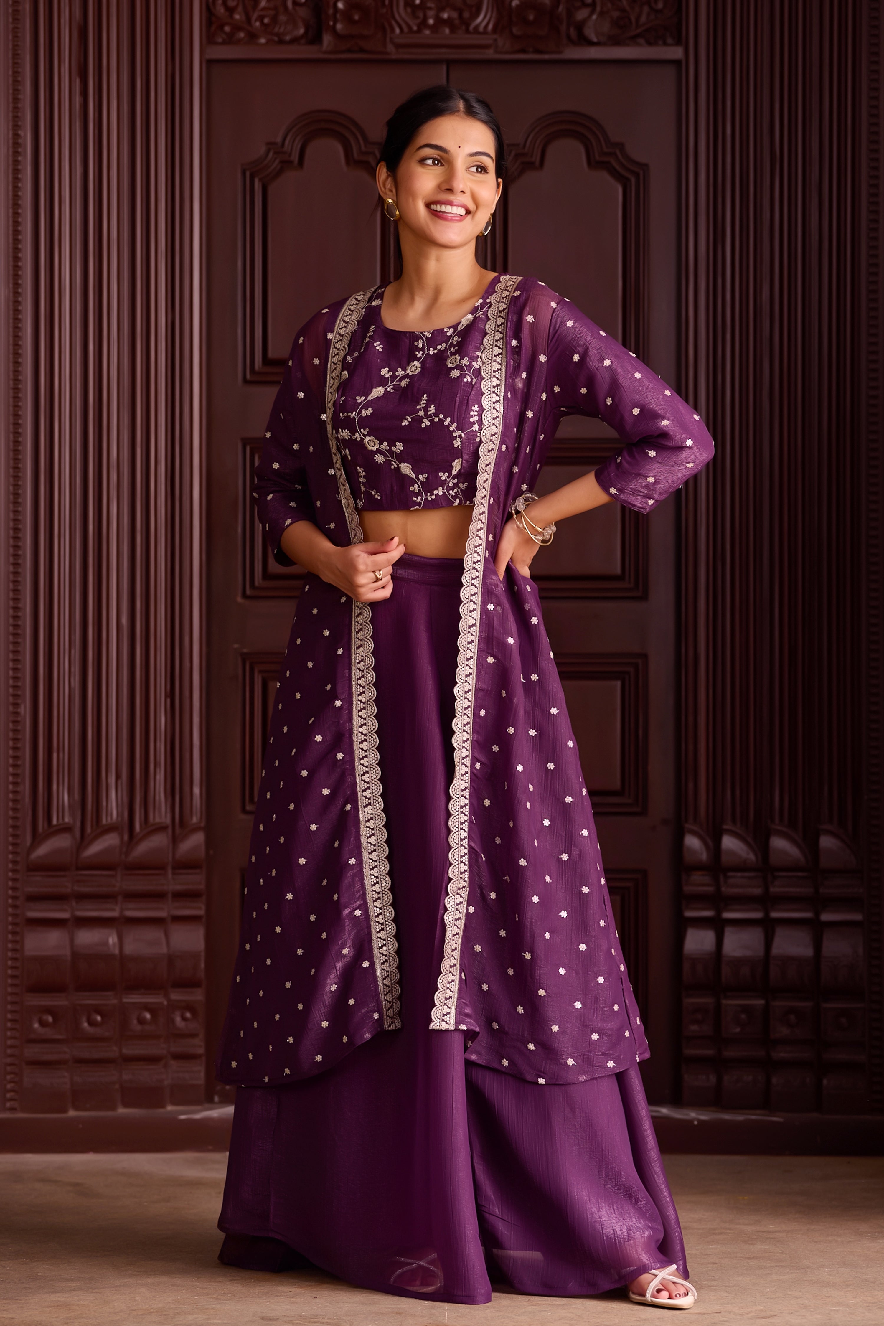 Monochromatic Dark Purple Skirt Set with Golden Threadwork