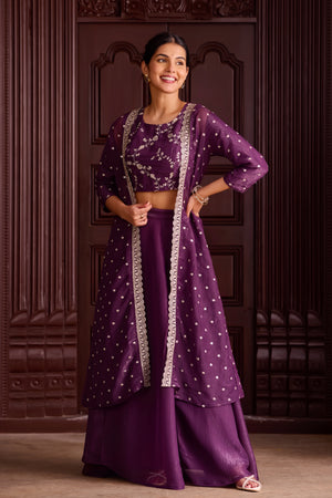 Monochromatic Dark Purple Skirt Set with Golden Threadwork