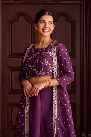 Monochromatic Dark Purple Skirt Set with Golden Threadwork