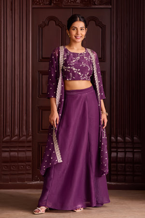 Monochromatic Dark Purple Skirt Set with Golden Threadwork