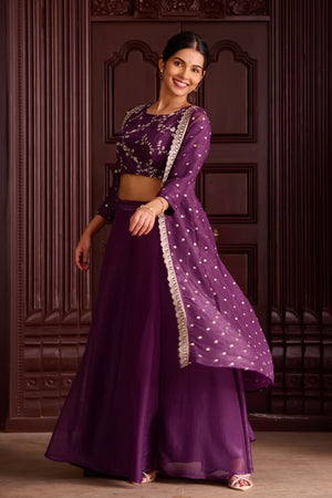 Monochromatic Dark Purple Skirt Set with Golden Threadwork