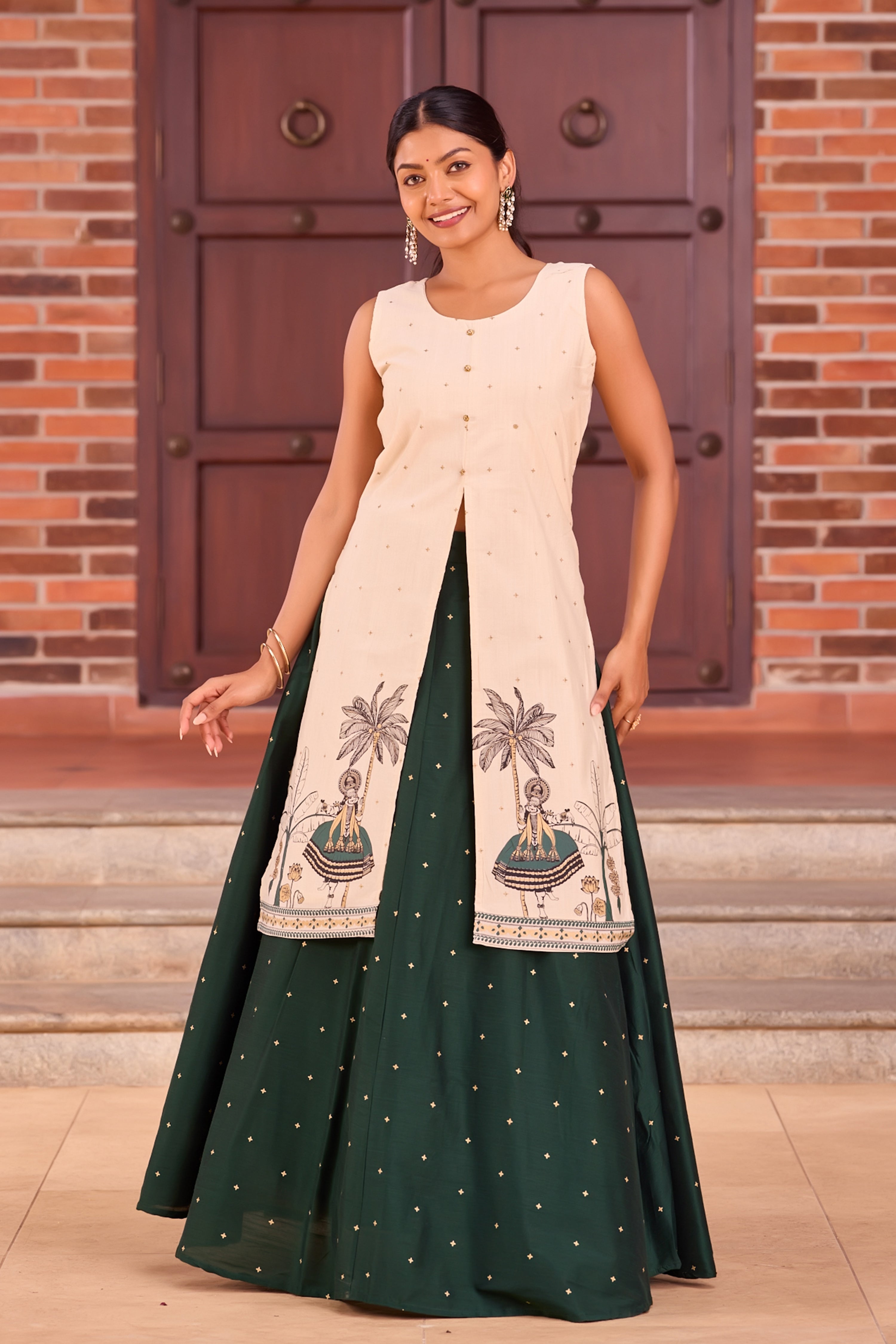 Off-White Printed Knee-Length Slited Top & Bottle Green Skirt Set – Maybell  Womens Fashion