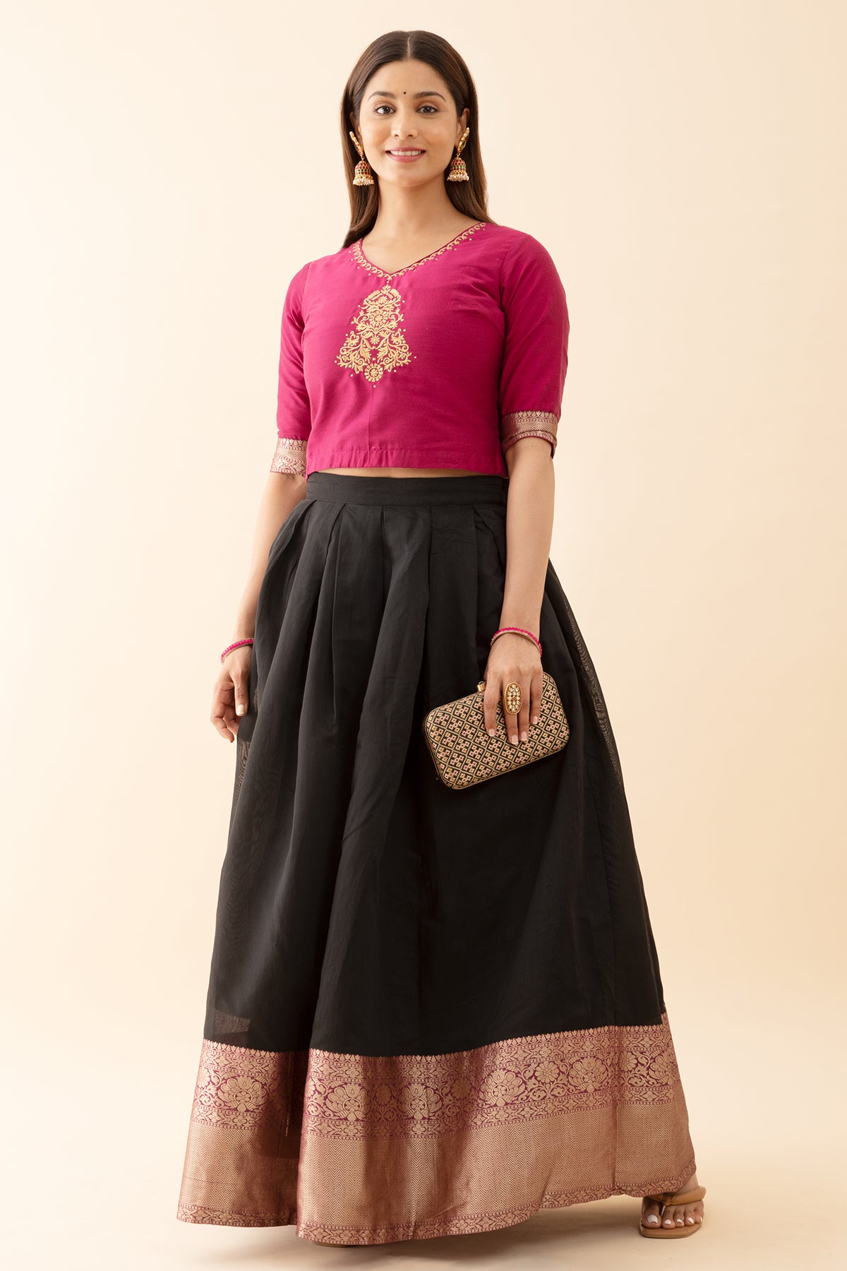 Ethnic Motif Embroidered Top with Zari Border Skirtset Pink Black
