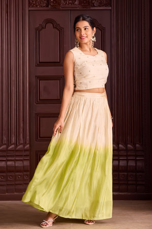 Off-White Sequin Crop Top with Light Green Ombre Circular Skirt