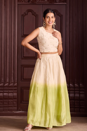 Off-White Sequin Crop Top with Light Green Ombre Circular Skirt