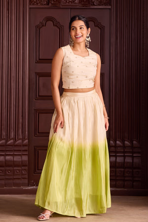 Off-White Sequin Crop Top with Light Green Ombre Circular Skirt
