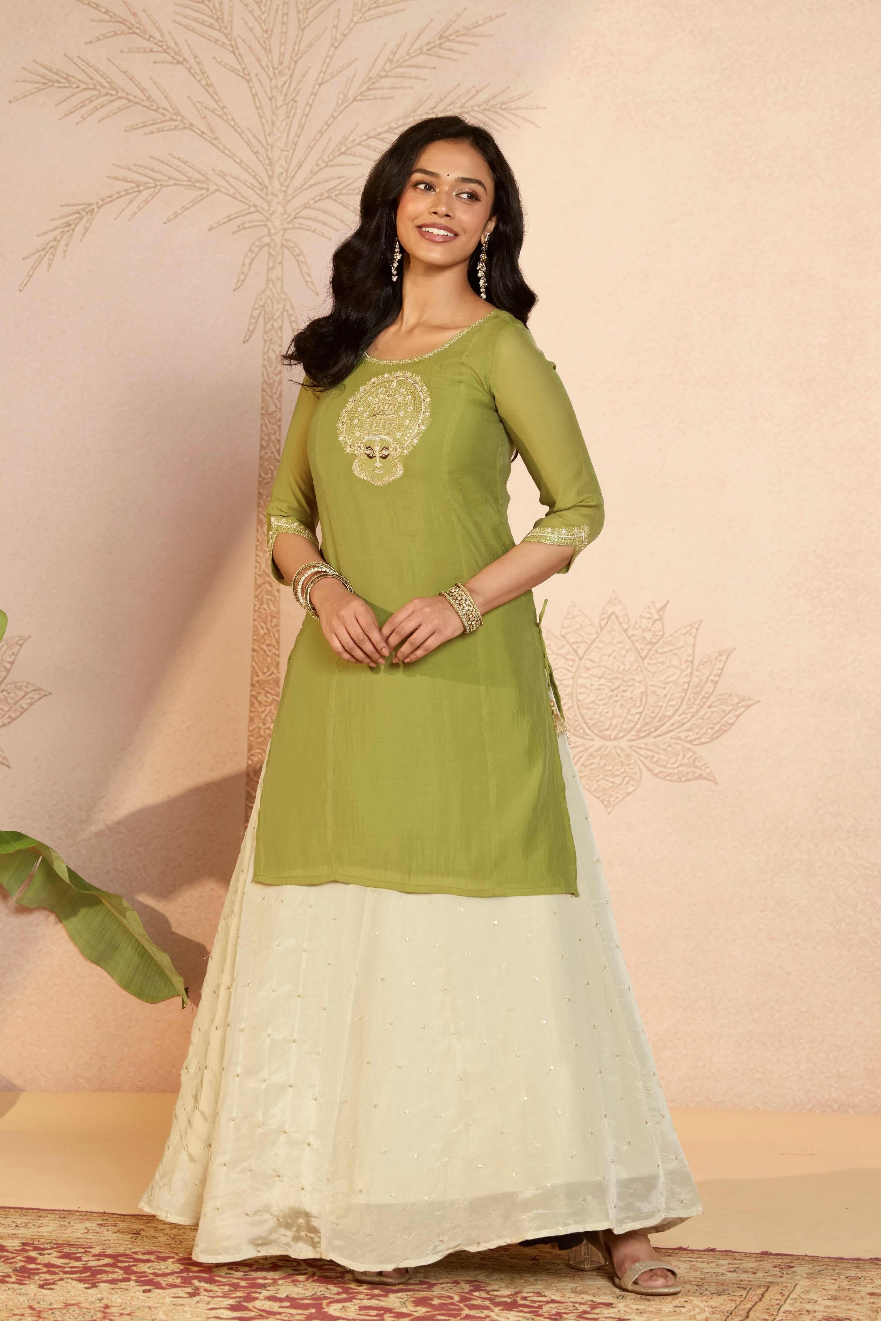 Light Green Kathakali Embroidered Skirt Set