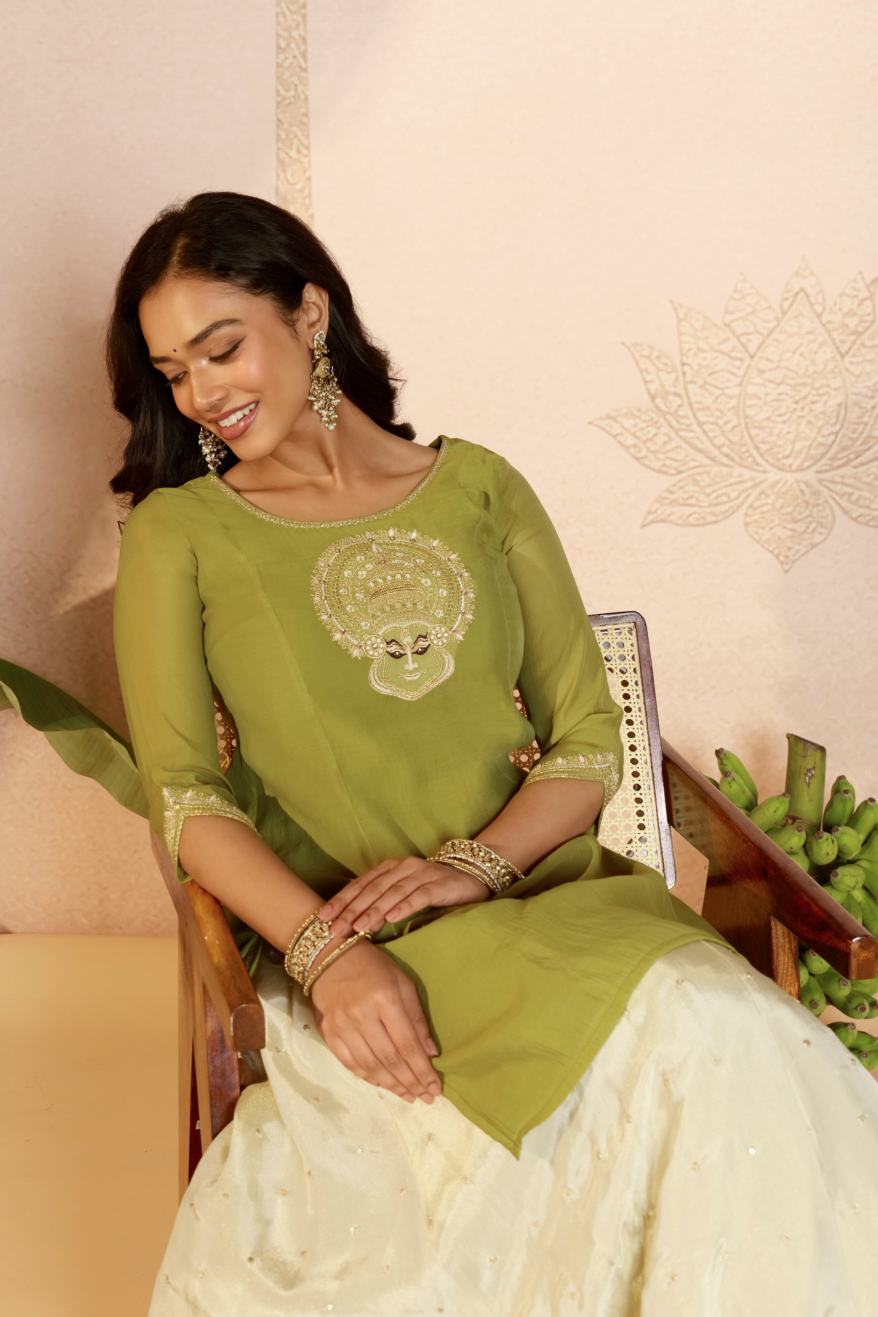 Light Green Kathakali Embroidered Skirt Set