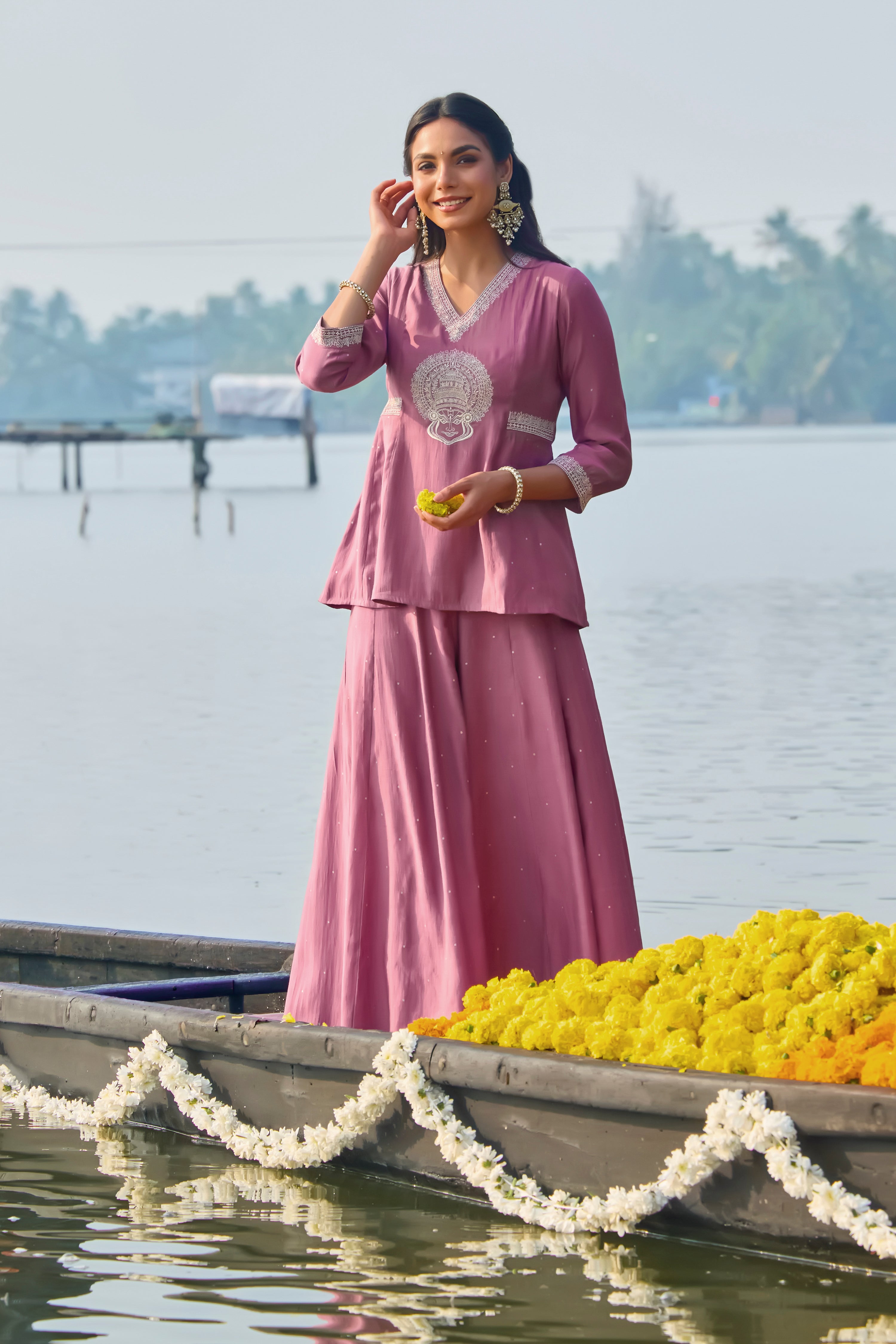 Lilac Kathakali Embroidered Peplum Skirt Set