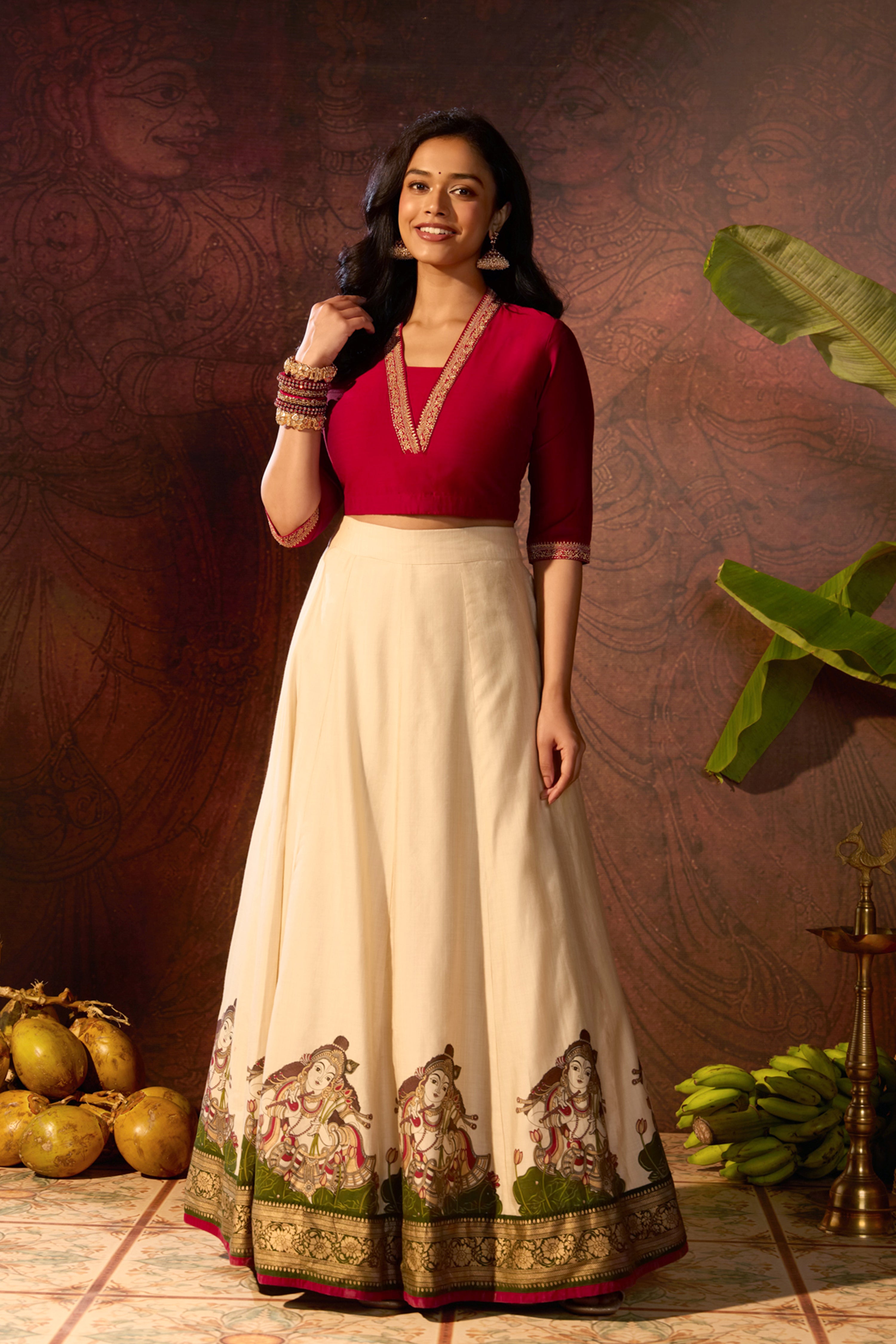 Red Embroidered Crop Top & Krishna Mural Skirt Set