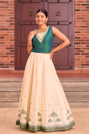 Bottle Green Crop Top with Muthukuda Design on Back- Off-White Skirt Set