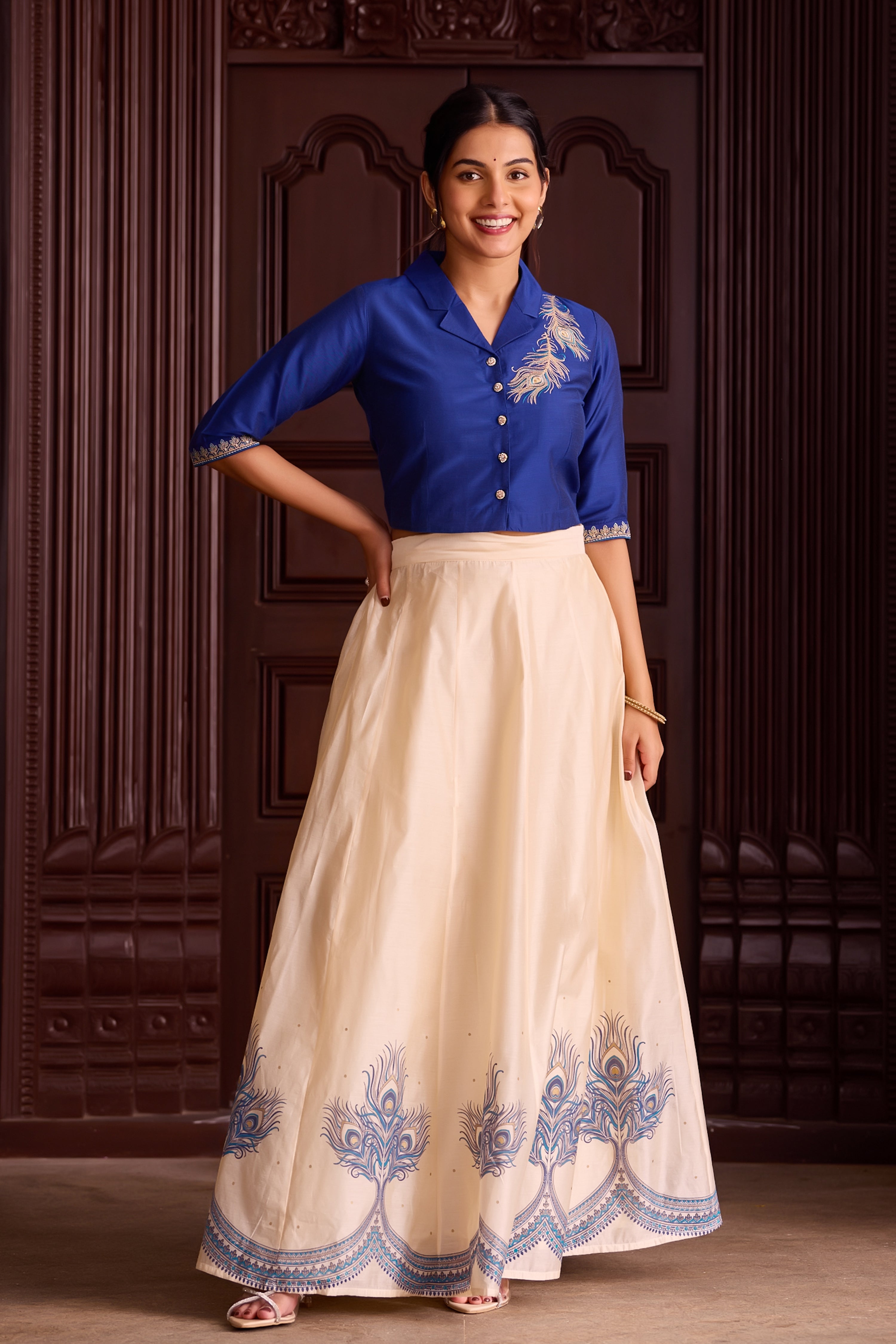 Royal Blue Crop Top with Embroidered Mayilpeeli Design Offwhite