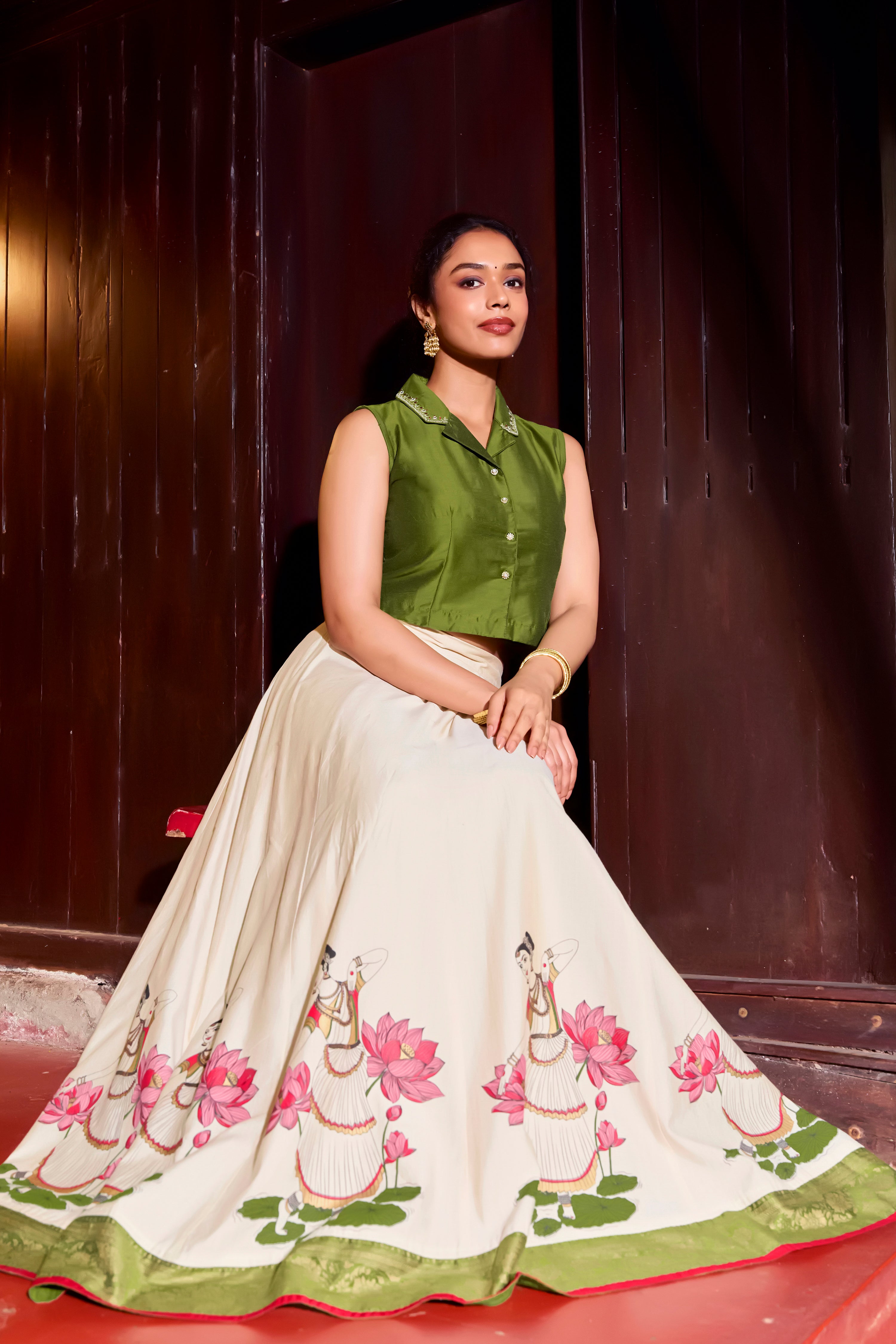 Green Notch Collar Crop Top & Mohiniyattam Printed Skirt Set