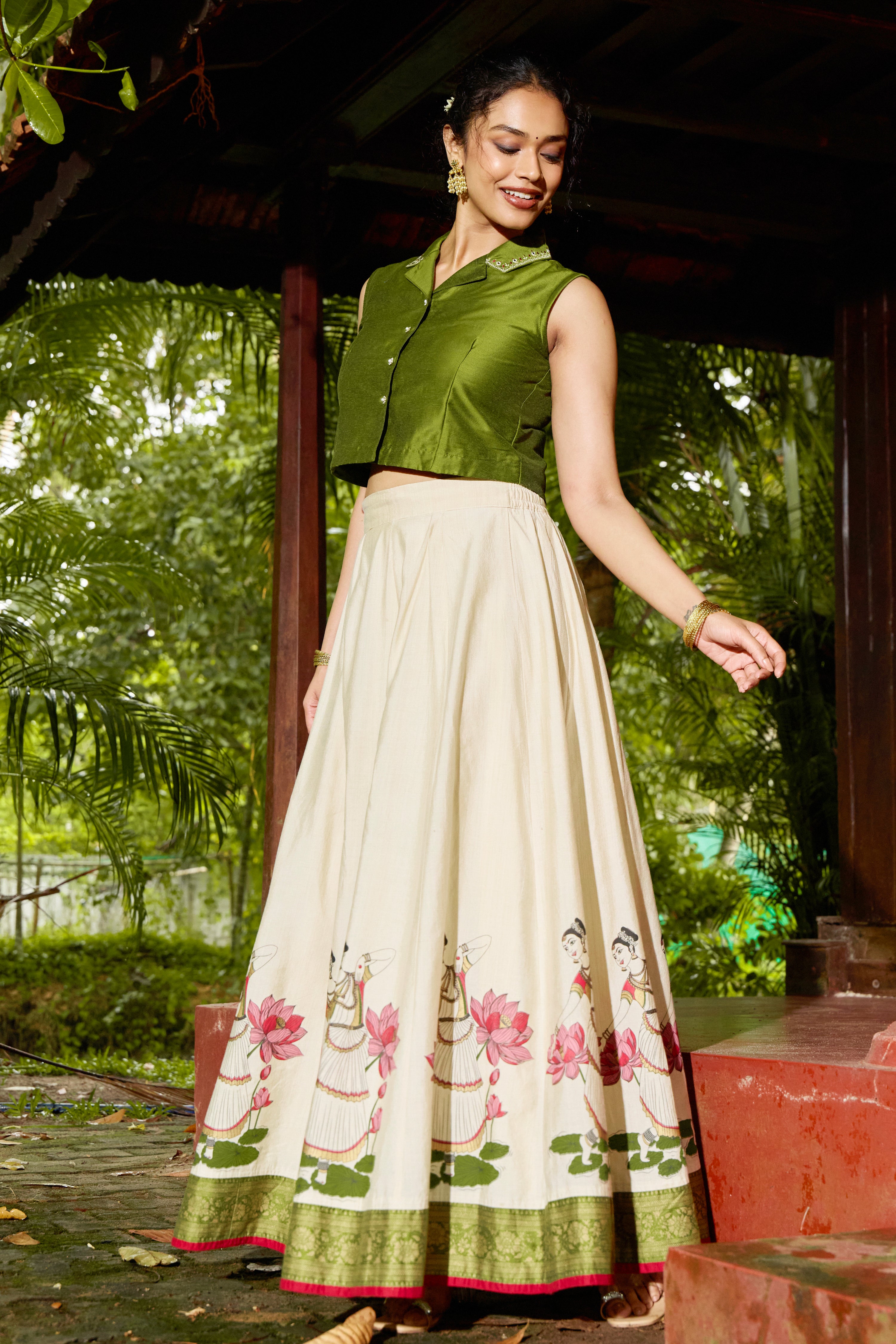 Green Notch Collar Crop Top & Mohiniyattam Printed Skirt Set