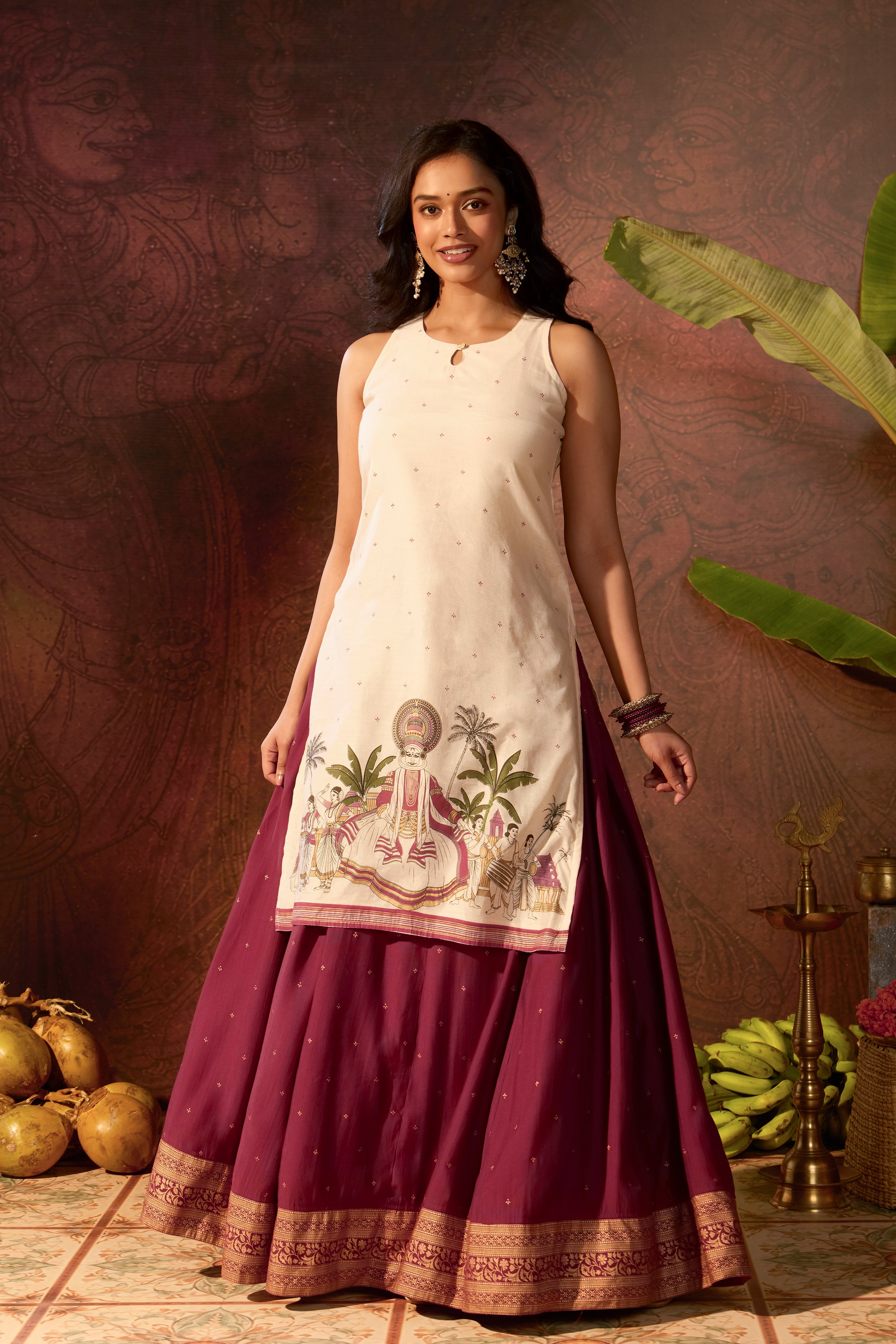 Off White Halter Neck Kurta Style Skirt Set